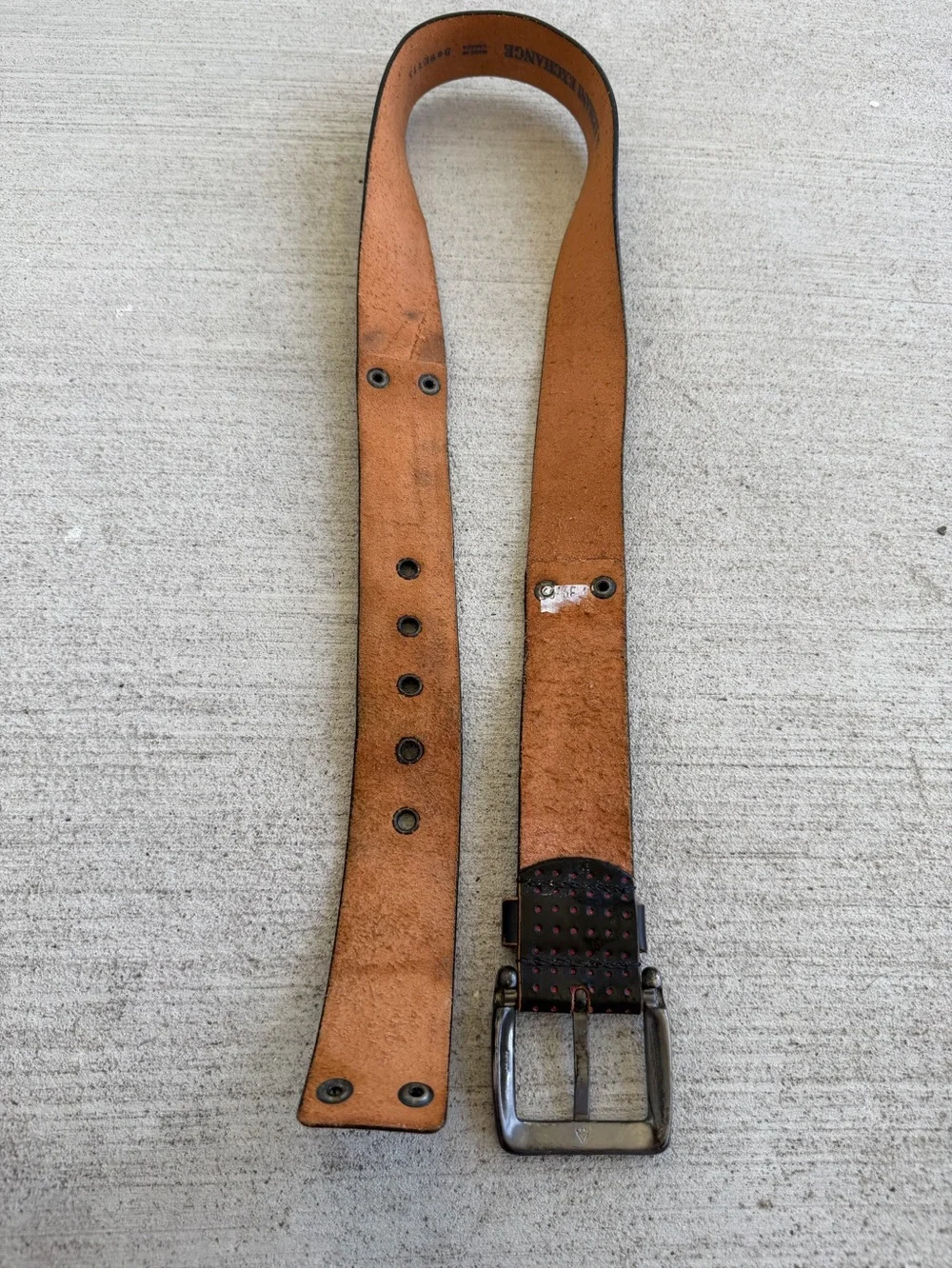 Vintage Armani Exchange Black Leather Belt Size 34 MadeCanada Red Detail 42.5”